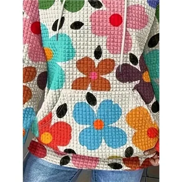 Floral Print Textured Drawstring Hoodie - Picture 8 of 11